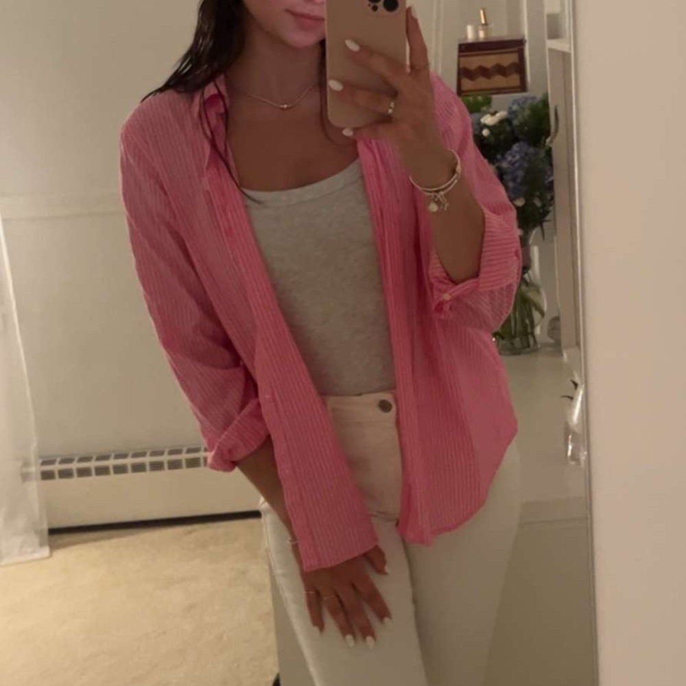 Chaps pink and white strip button up
